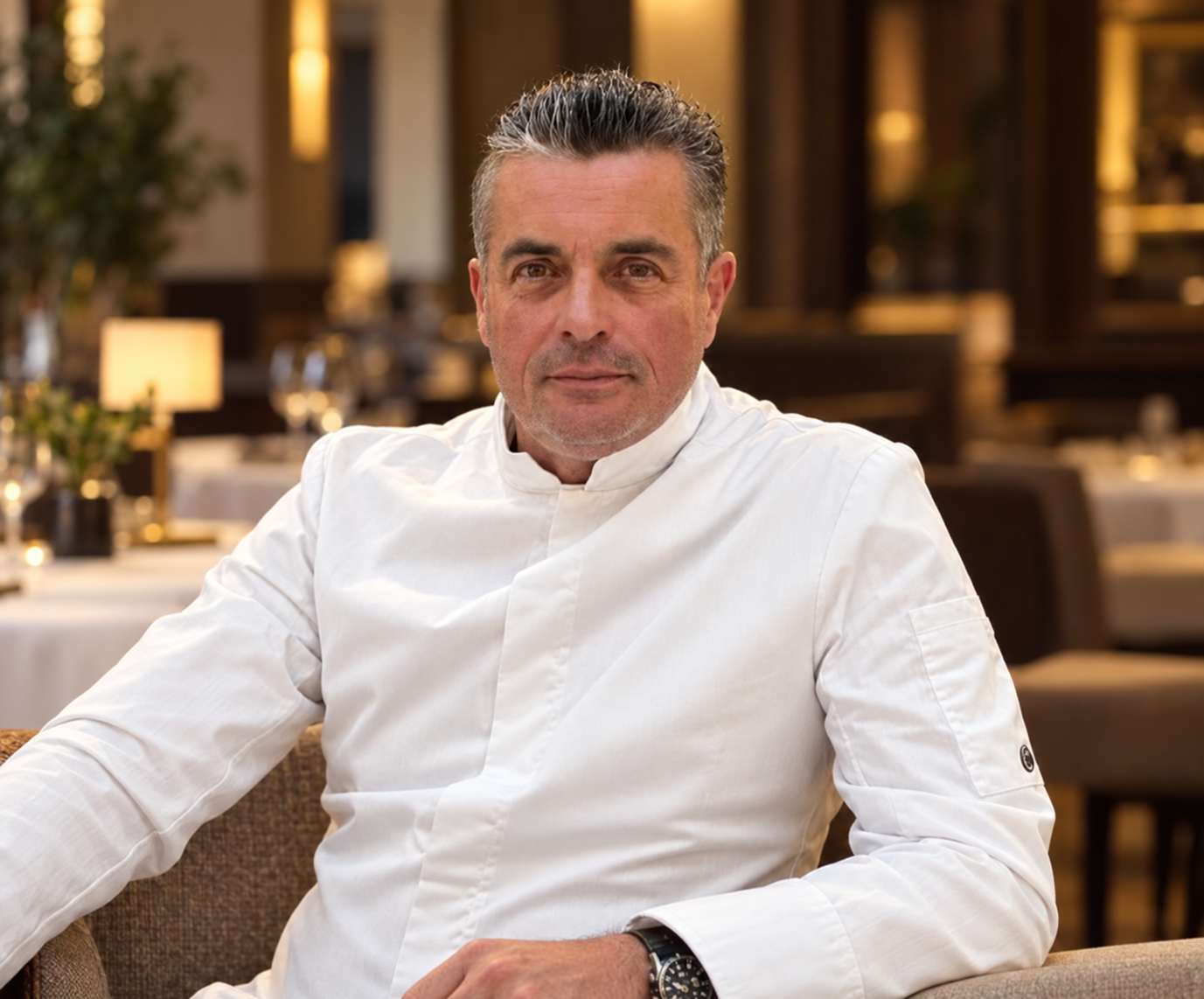 Franck Maggiani en veste de chef blanche, dans un restaurant