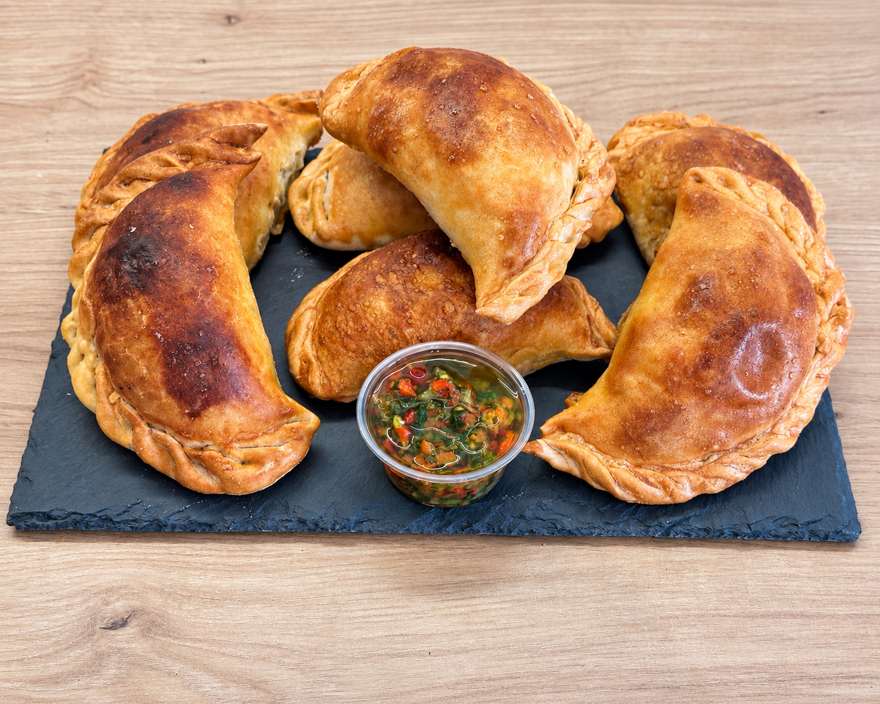 Empanadas argentines dorées sur ardoise avec sauce chimichurri